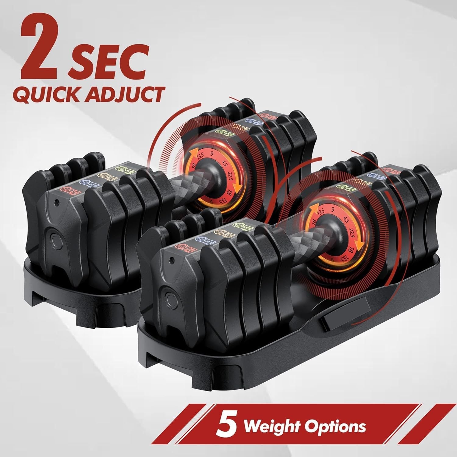 Adjustable Dumbbell Set of 22.5LB Set-1Sec Adjustable Dumbbell Weights-5 in 1 Free Weights Dumbbells Set with Effortless Tray/No-Slip Handle-Compact Size for Women/Men at Home Gym